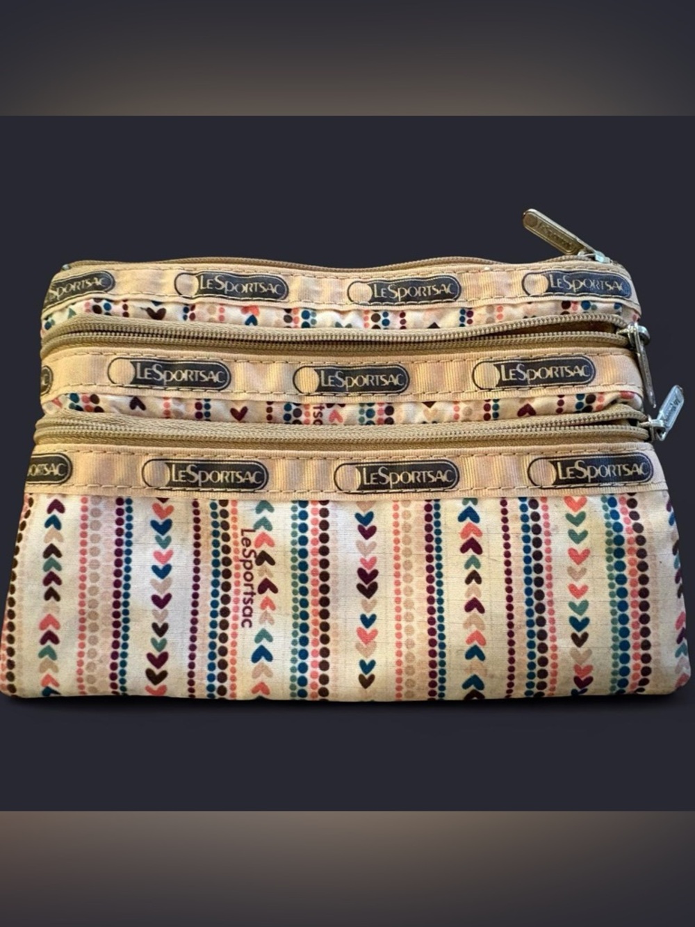 LeSportsac Cream Cosmetic Pouch with Multicolor Heart & Dot Stripes